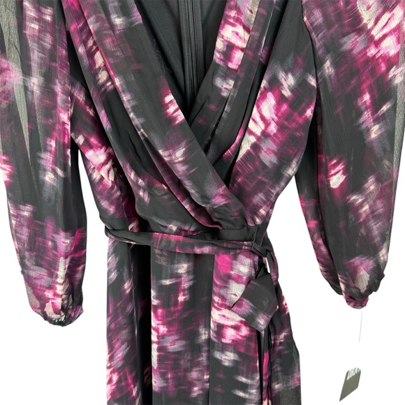 NWT DKNY Black Floral Wrap Mock Wrap Midi Dress Size 6 Sheer Long Sleeve - Picture 3 of 12